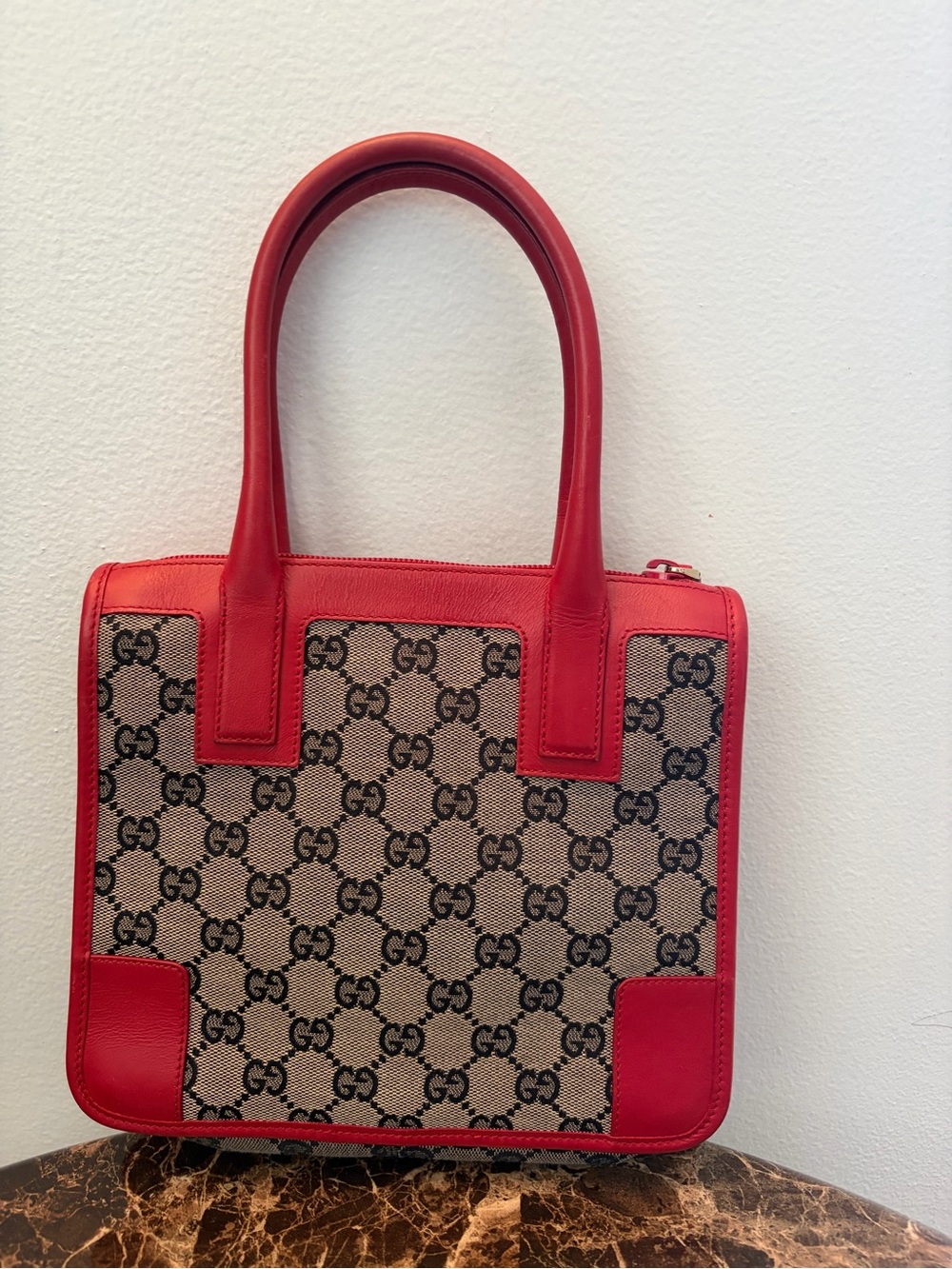 Gucci Red Leather-Trim GG Canvas Tote